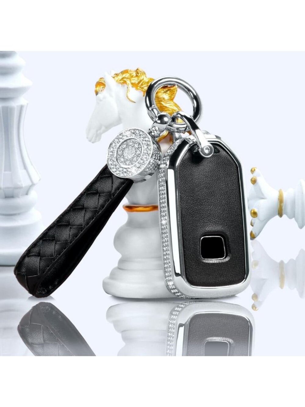 Stylish Black Leather Key Fob Cover with Keychain - Crystal Protection Case for